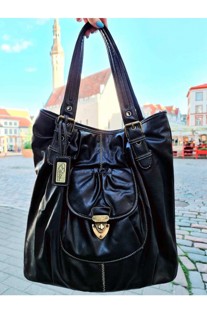 Vegan Leather Casual Maxi Tote bag with zipper Elite Style, black - 9159