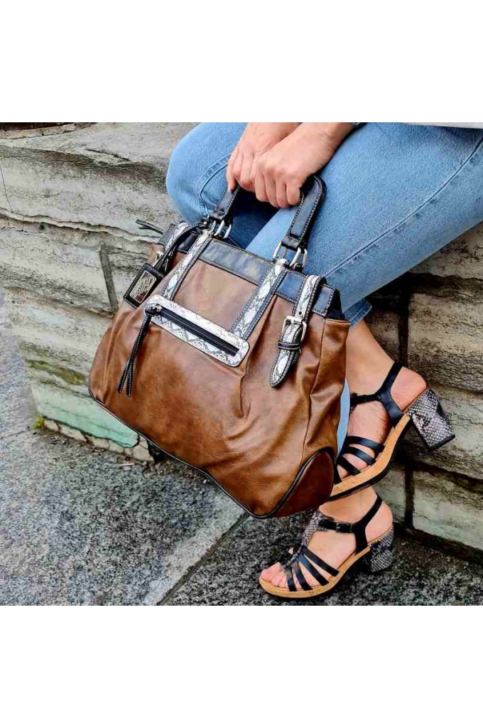 Vegan Leather Bag with top Handles Elite Style, brown/snake - 9975