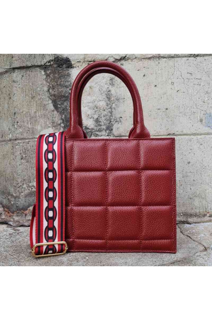 Genuine Leather Top Handle bag, square quilted pattern Biella Burnt Burgundy - BP-22222