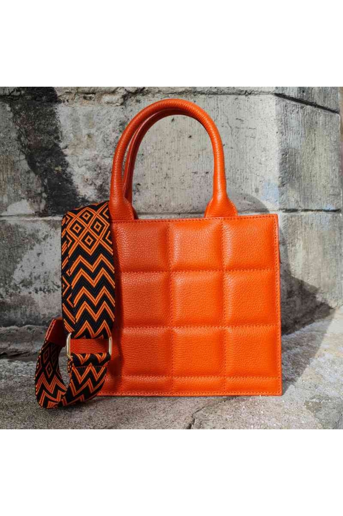 Genuine Leather Top Handle bag, square quilted pattern Biella Orange - BP-22222