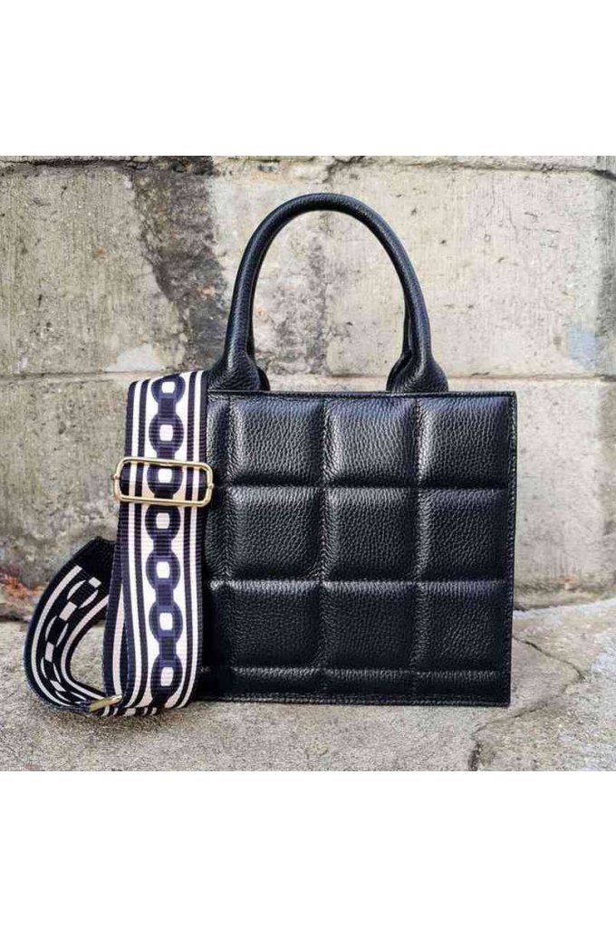 Genuine Leather Top Handle bag, square quilted pattern Biella Black - BP-22222