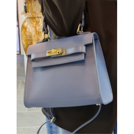 Belted Handheld bag made of Genuine Italian Leather in blue-grey colour