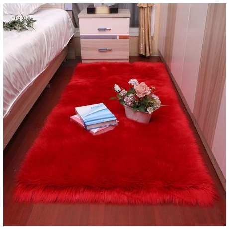 Square-shaped, soft, long pile Faux Fur mat-Suede Fabric bottom-Bedside decorative mat-red 30 x 30 cm