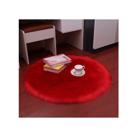 Round mat, soft long pile Faux Fur mat-Suede Fabric bottom-Bedside decorative mat-red Ø70 cm