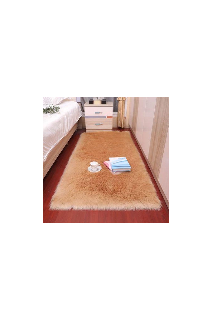 Square-shaped, soft, long pile Faux Fur mat-Suede Fabric bottom-Bedside decorative mat-apricot 45 x 45 cm