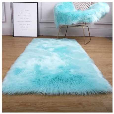 Rectangular mat, soft long pile Faux Fur mat-Suede Fabric bottom-Bedside decorative mat-light blue 40 x 60 cm