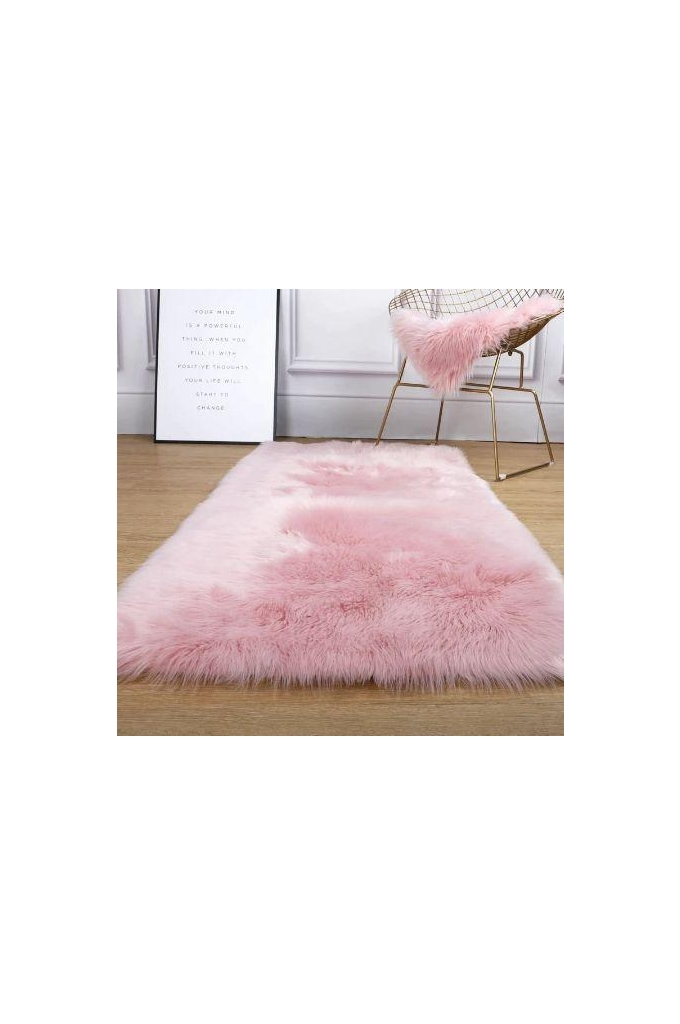Square-shaped, soft, long pile Faux Fur mat-Suede Fabric bottom-Bedside decorative mat-pink 45 x 45 cm