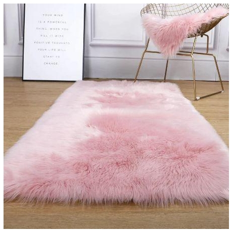 Square-shaped, soft, long pile Faux Fur mat-Suede Fabric bottom-Bedside decorative mat-pink 30 x 30 cm