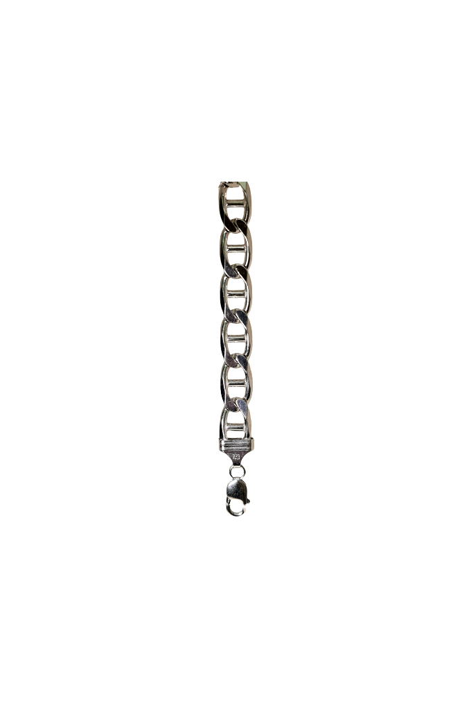 Silver Rhodium Plated Flat Marine Chain Bracelet 13mm x 215mm