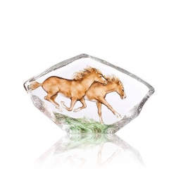 Mats Jonasson Crystal - WILDLIFE PAINTED - Horses, large crystal sculpture - 34086